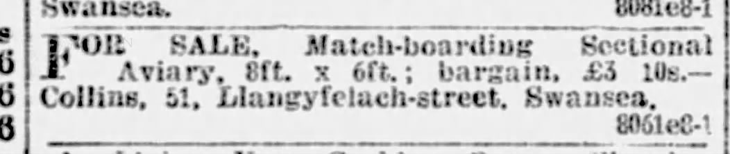 Newspaper advert — John Collins selling aviary, 1925
